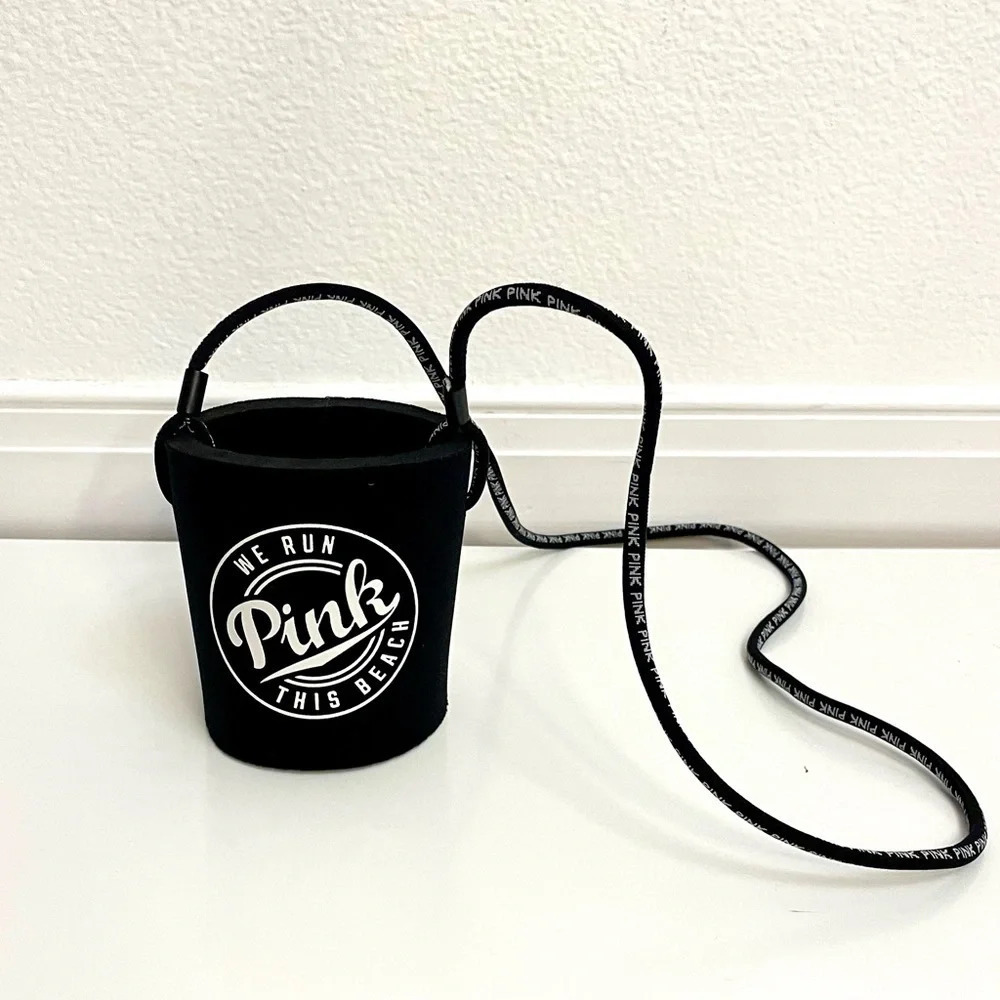 Victoria’s Secret Pink Black Coozie Drink Holder with Strap New - Picture 2 of 6